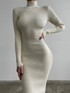 Rib Knit Mock Neck Long Sleeve Bodycon Midi Dress