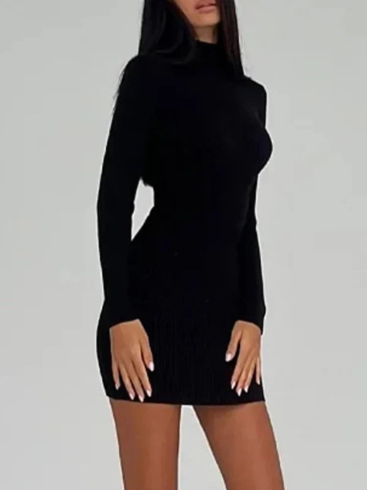 Rib Knit Mock Neck Long Sleeve Bodycon Midi Dress