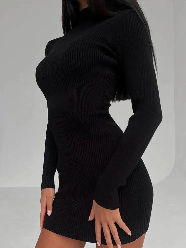 Rib Knit Mock Neck Long Sleeve Bodycon Midi Dress