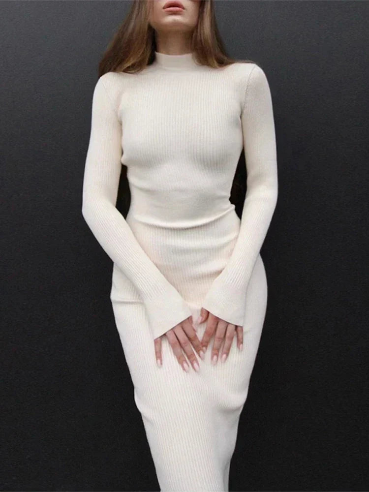 Rib Knit Mock Neck Long Sleeve Bodycon Midi Dress