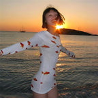 Asymmetric Off Shoulder Long Sleeve Goldfish Print Mini Dress