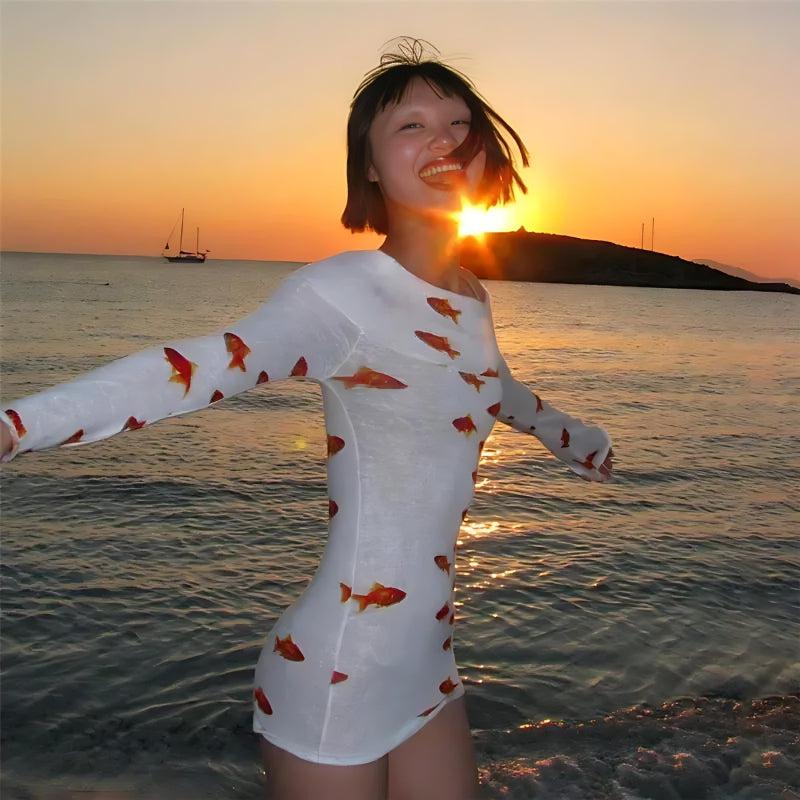 Asymmetric Off Shoulder Long Sleeve Goldfish Print Mini Dress