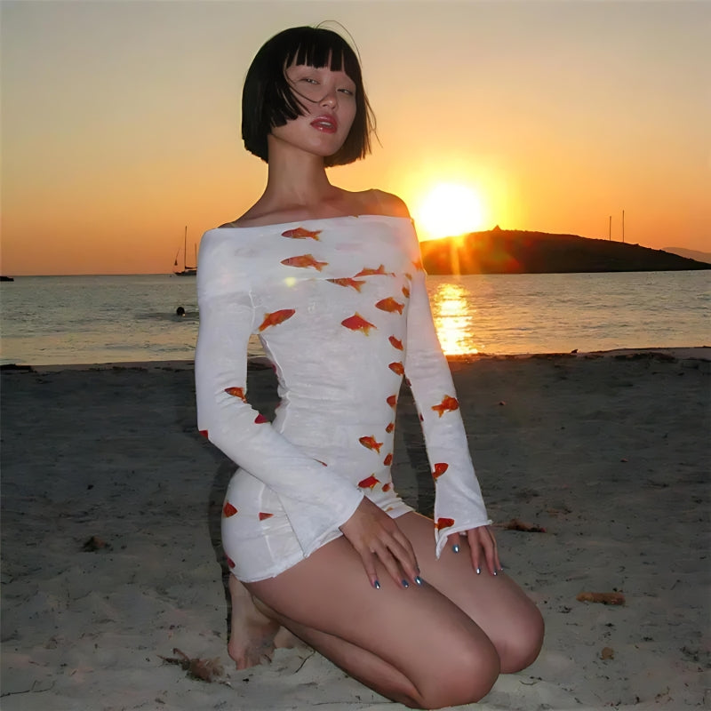 Asymmetric Off Shoulder Long Sleeve Goldfish Print Mini Dress