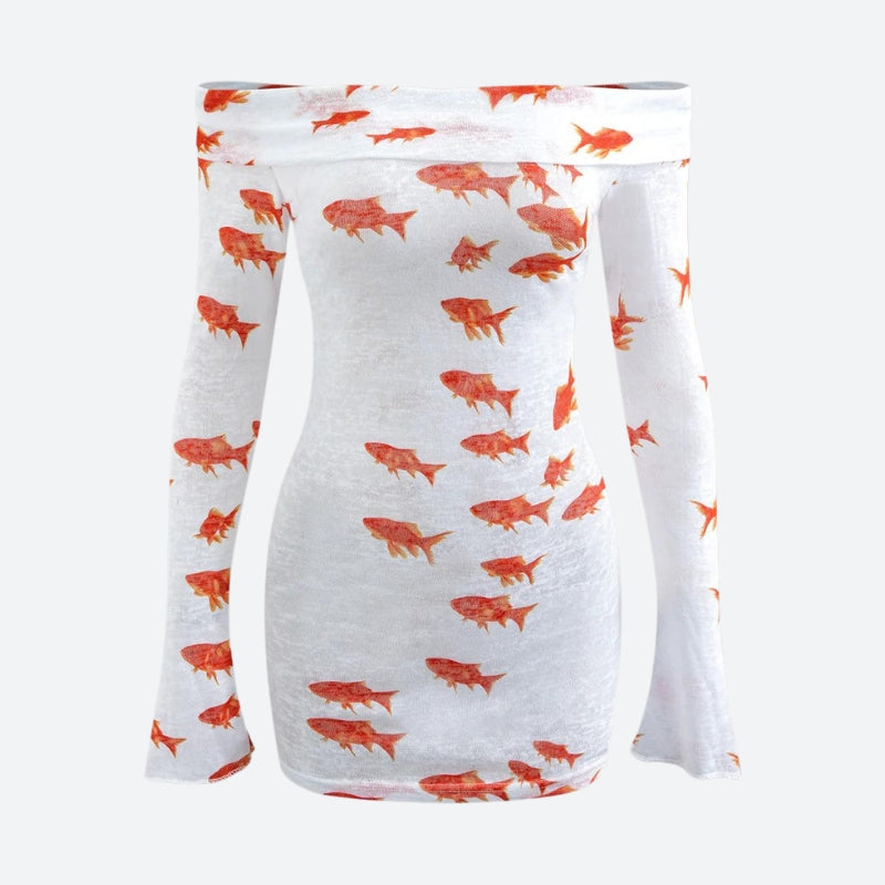 Asymmetric Off Shoulder Long Sleeve Goldfish Print Mini Dress