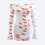 Asymmetric Off Shoulder Long Sleeve Goldfish Print Mini Dress