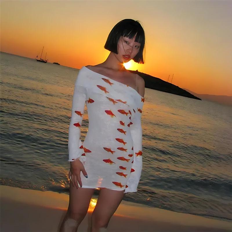 Asymmetric Off Shoulder Long Sleeve Goldfish Print Mini Dress