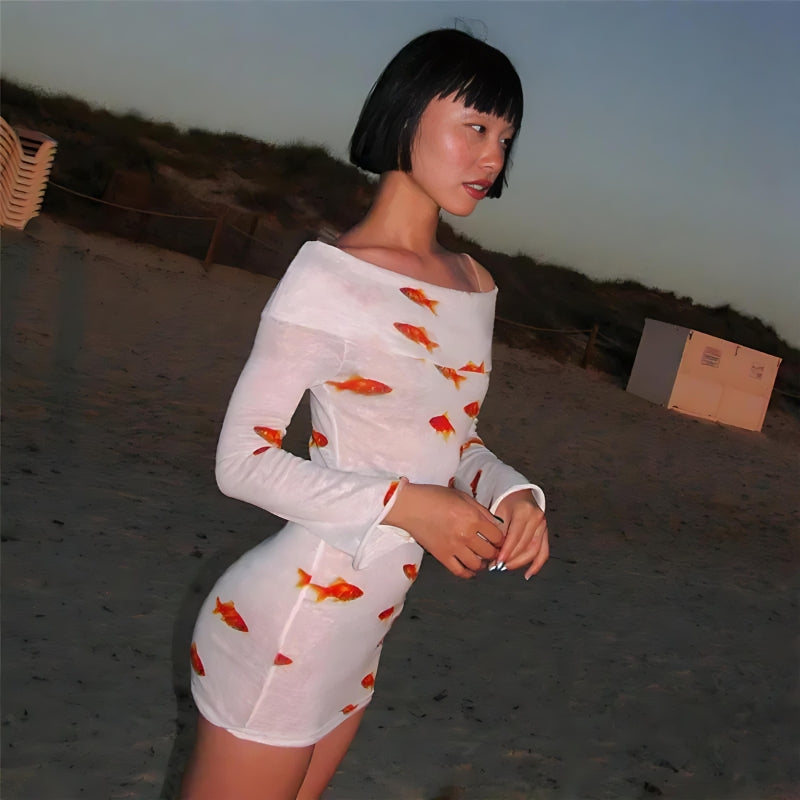 Asymmetric Off Shoulder Long Sleeve Goldfish Print Mini Dress