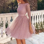 Glitter Mesh Boat Neck Sheer Sleeve Fit and Flare Cocktail Midi Dress