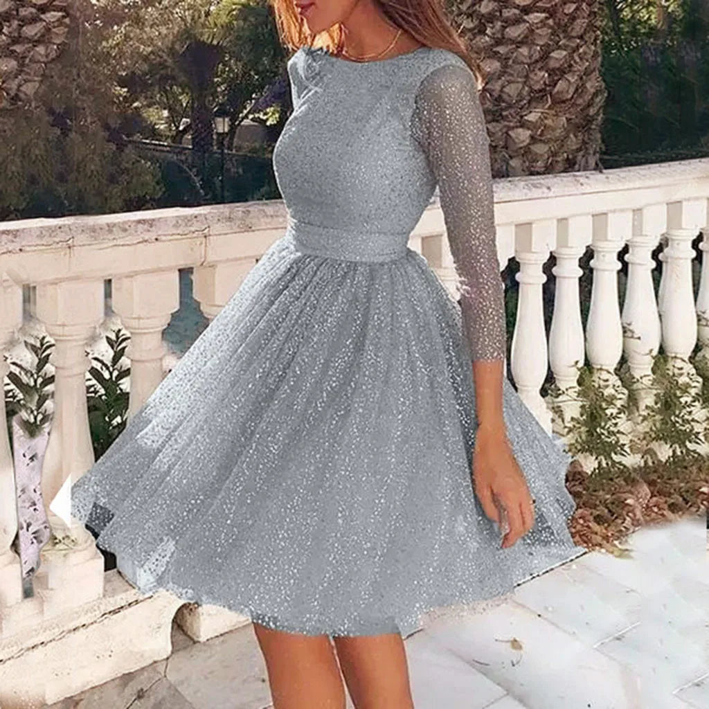 Glitter Mesh Boat Neck Sheer Sleeve Fit and Flare Cocktail Midi Dress