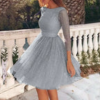 Glitter Mesh Boat Neck Sheer Sleeve Fit and Flare Cocktail Midi Dress