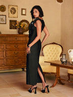 Floral Rosette Crystal Deep V Mesh Panel Sleeveless Bandage Midi Dress