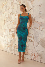 Geraldine Elevated Midi Dress Green Floral Print Evening Wear Edit