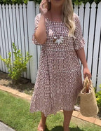 Rosalía Aesthetic Short Sleeved Midi Dress with a Round Neckline Elevated Occasion Wear