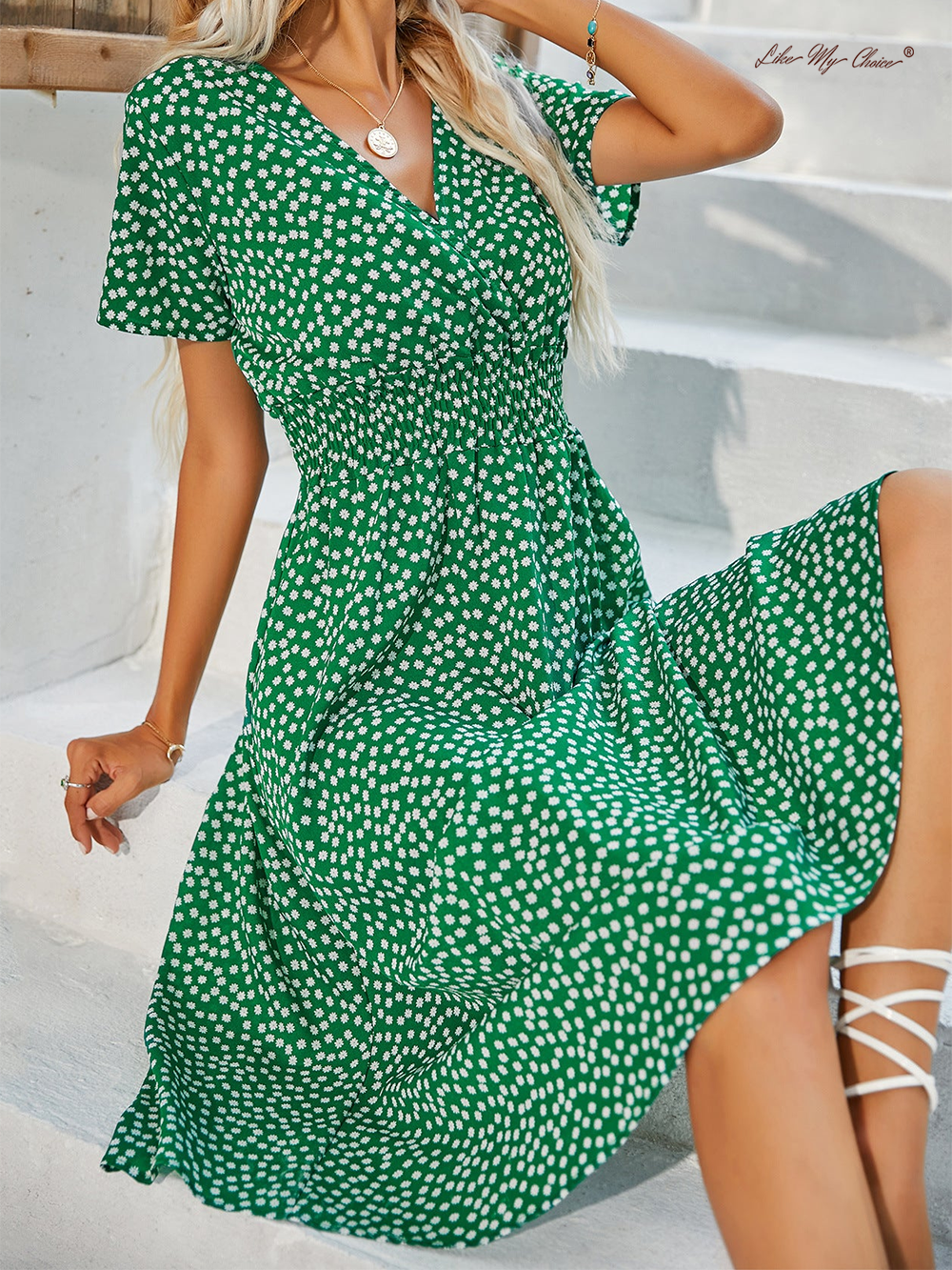 Polka Dot V-Neck Wrap Smocked Waist Short Sleeve Midi Dress