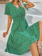 Polka Dot V-Neck Wrap Smocked Waist Short Sleeve Midi Dress