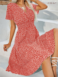 Polka Dot V-Neck Wrap Smocked Waist Short Sleeve Midi Dress