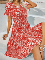 Polka Dot V-Neck Wrap Smocked Waist Short Sleeve Midi Dress