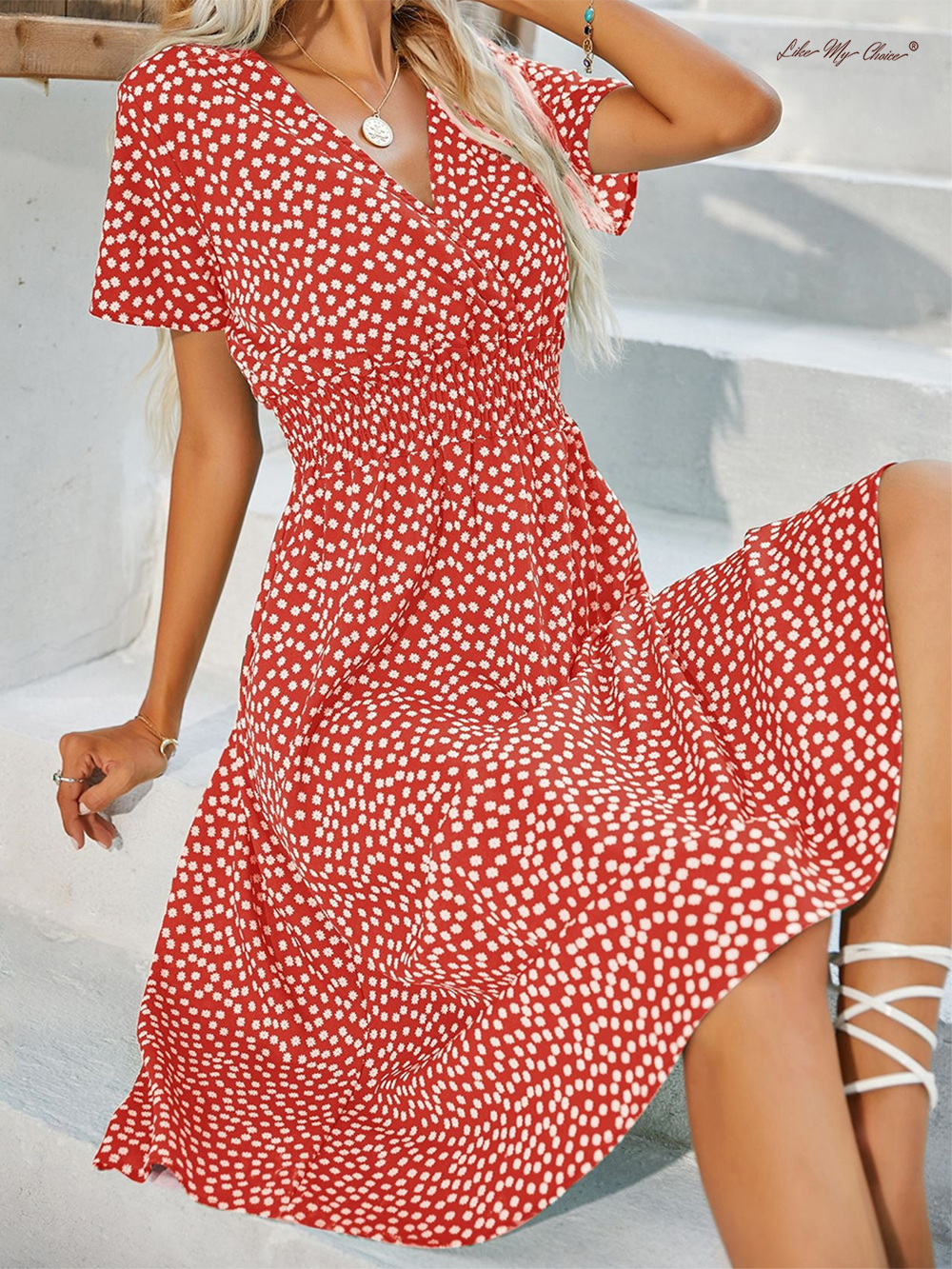 Polka Dot V-Neck Wrap Smocked Waist Short Sleeve Midi Dress