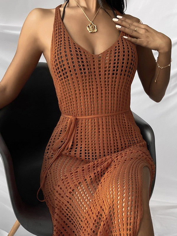 Hollow-out Solid Color Midi Dress For Women