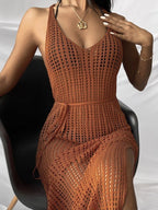 Hollow-out Solid Color Midi Dress For Women