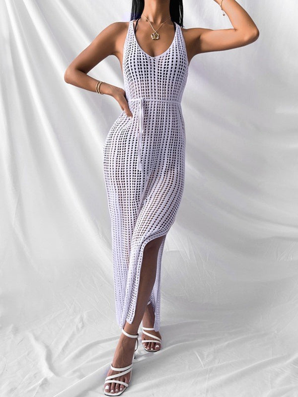 Hollow-out Solid Color Midi Dress For Women