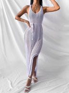 Hollow-out Solid Color Midi Dress For Women