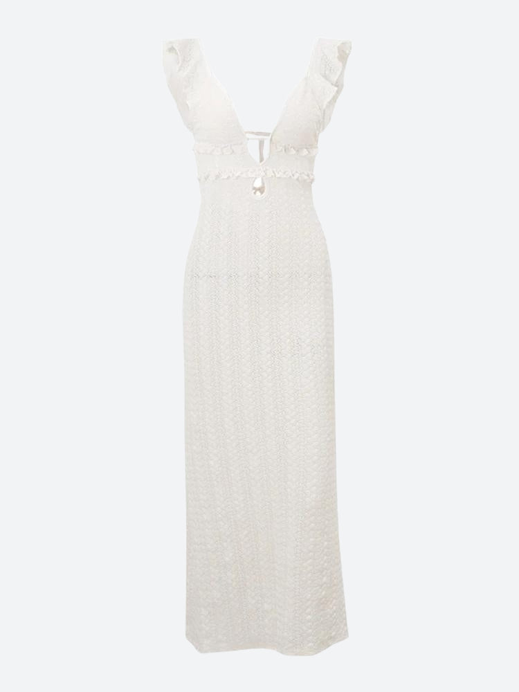 Plunging V-Neck Ruffled Strap Keyhole Cutout Textured Maxi Dress