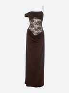 One Shoulder Floral Lace Bodice Draped Maxi Gown