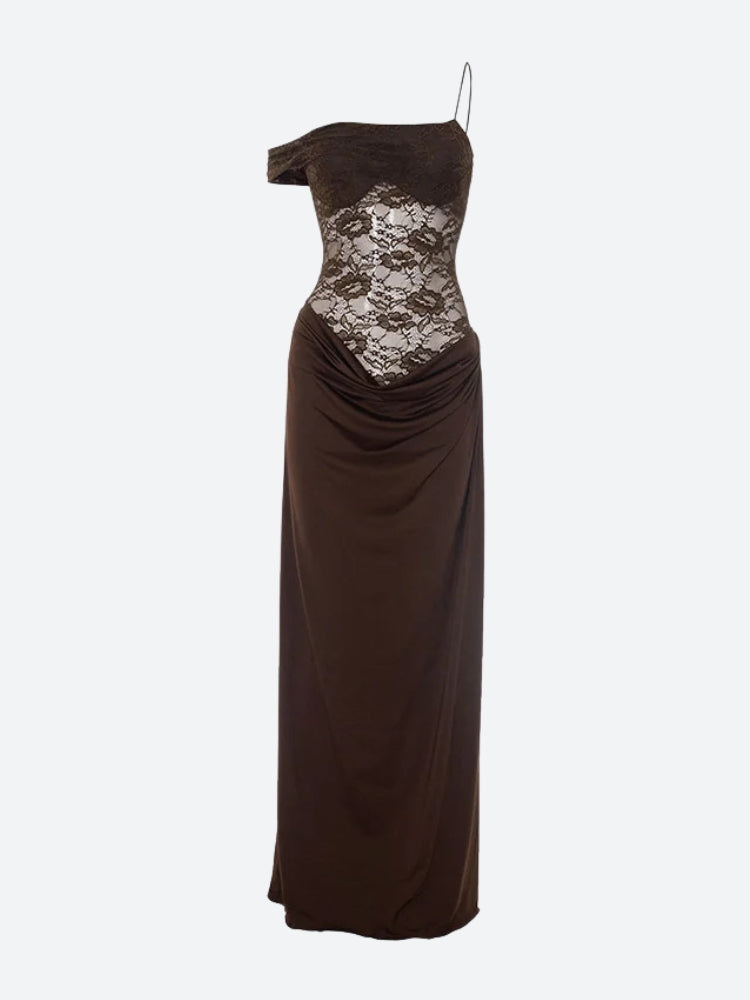 One Shoulder Floral Lace Bodice Draped Maxi Gown