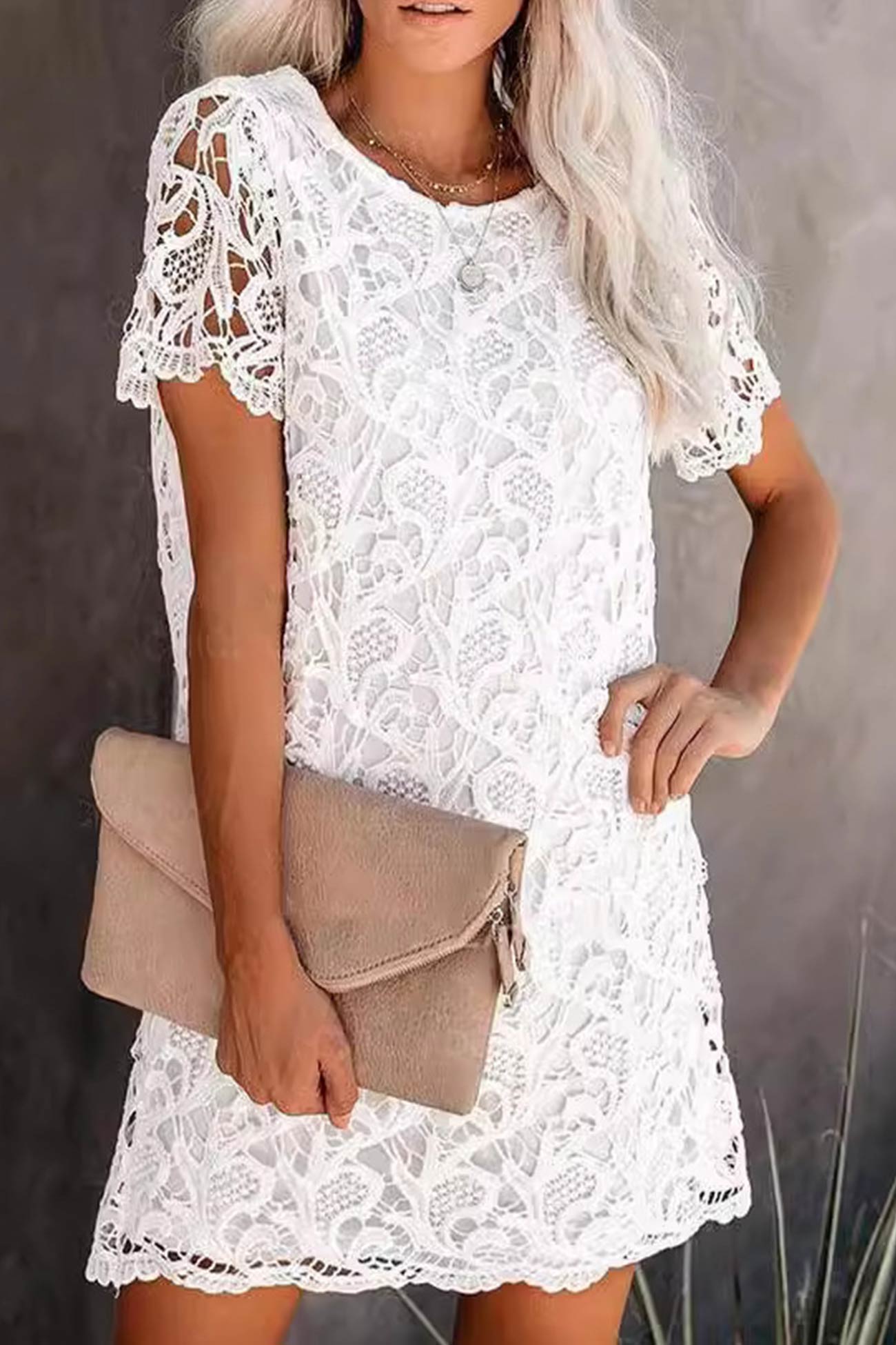Floral Lace Crew Neck Short Sleeve Scalloped Hem Shift Mini Dress