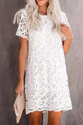 Floral Lace Crew Neck Short Sleeve Scalloped Hem Shift Mini Dress