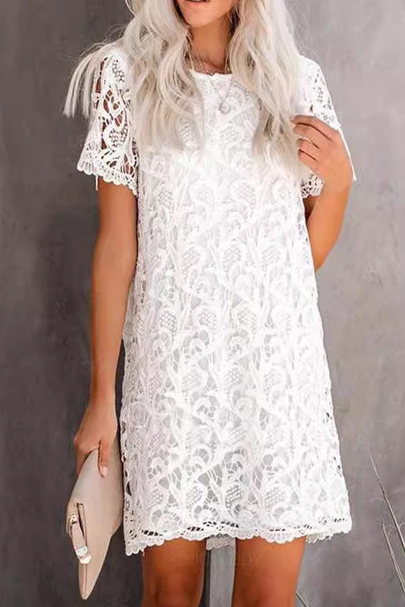 Floral Lace Crew Neck Short Sleeve Scalloped Hem Shift Mini Dress