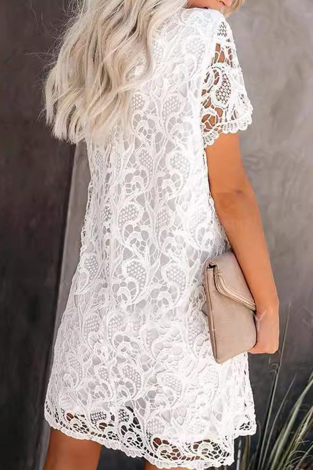 Floral Lace Crew Neck Short Sleeve Scalloped Hem Shift Mini Dress