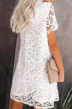 Floral Lace Crew Neck Short Sleeve Scalloped Hem Shift Mini Dress