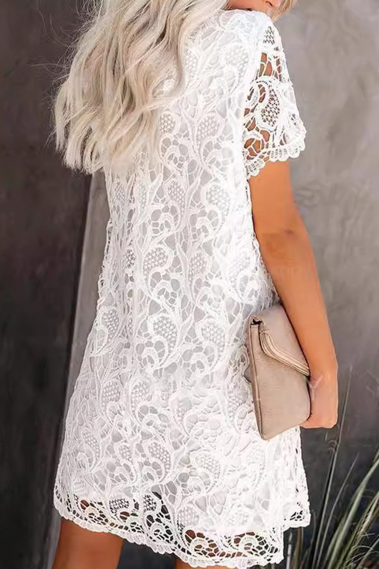 Floral Lace Crew Neck Short Sleeve Scalloped Hem Shift Mini Dress