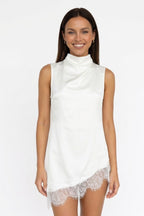 Lace High-Neck Asymmetrical Satin Tank Tops