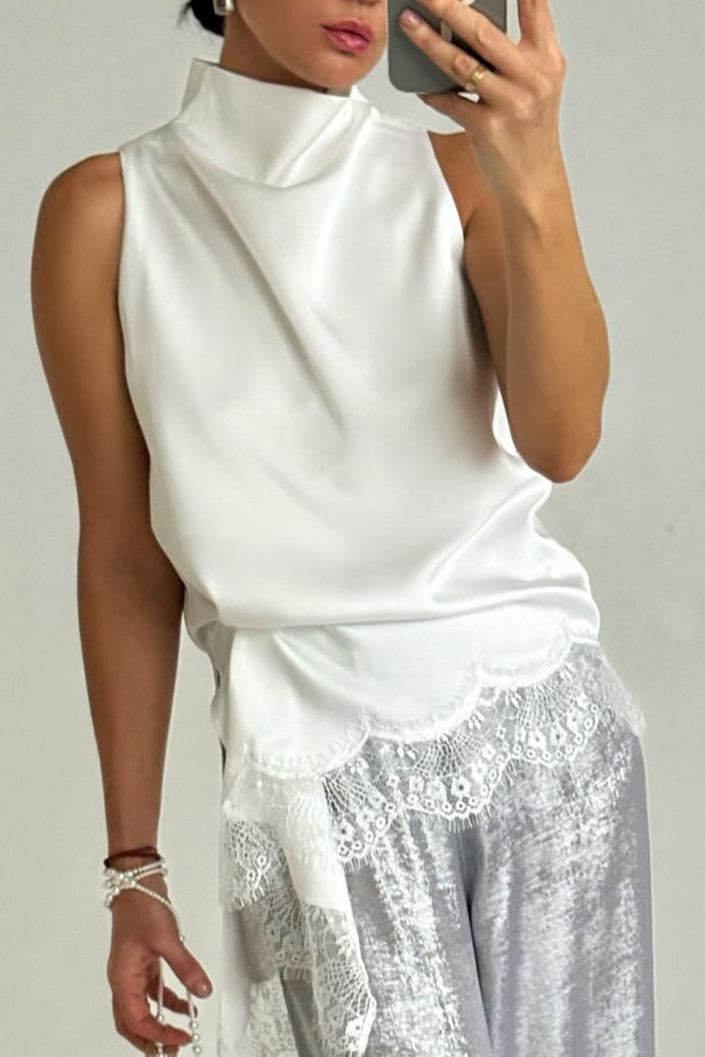 Lace High-Neck Asymmetrical Satin Tank Tops