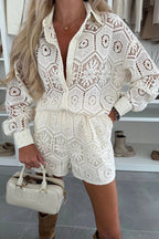Lace Long Sleeve Blouse Two-piece Shorts Set