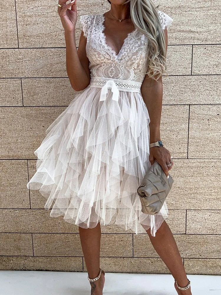 Floral Lace Deep V-Neck Bow Waist Tiered Tulle Skater Mini Dress