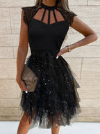 Floral Lace Deep V-Neck Bow Waist Tiered Tulle Skater Mini Dress