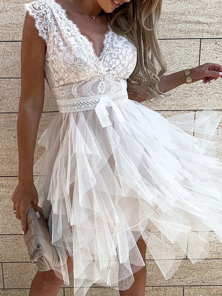 Floral Lace Deep V-Neck Bow Waist Tiered Tulle Skater Mini Dress