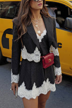 Lace Patchwork Striped Cami Dress Blazer Two-piece Outfits
