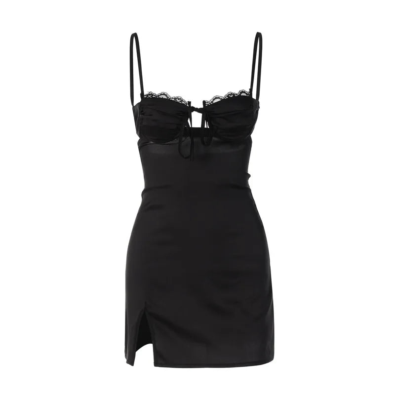 Lace Trim Bustier Cutout Tie Front Ruched Satin Mini Dress