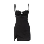 Lace Trim Bustier Cutout Tie Front Ruched Satin Mini Dress