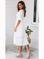 Deep V Neck Lace Insert Bell Sleeve Tiered Ruffle Hem Midi Dress