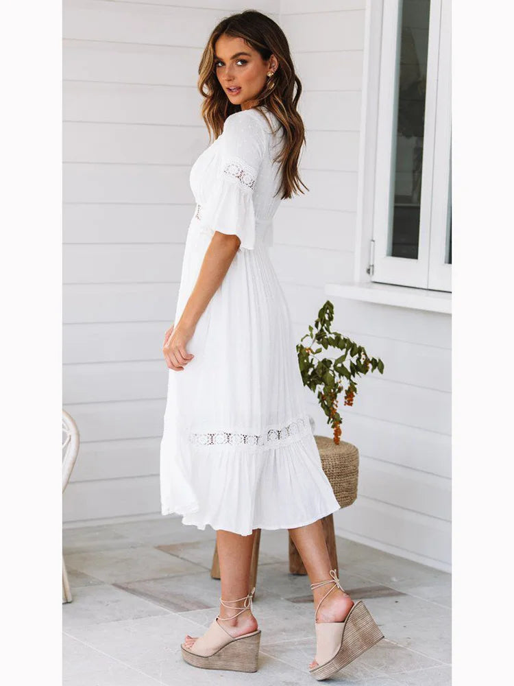 Deep V Neck Lace Insert Bell Sleeve Tiered Ruffle Hem Midi Dress