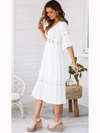 Deep V Neck Lace Insert Bell Sleeve Tiered Ruffle Hem Midi Dress