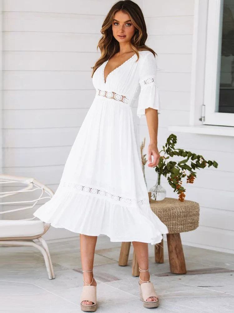 Deep V Neck Lace Insert Bell Sleeve Tiered Ruffle Hem Midi Dress