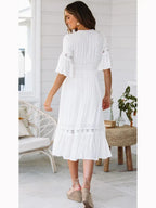 Deep V Neck Lace Insert Bell Sleeve Tiered Ruffle Hem Midi Dress