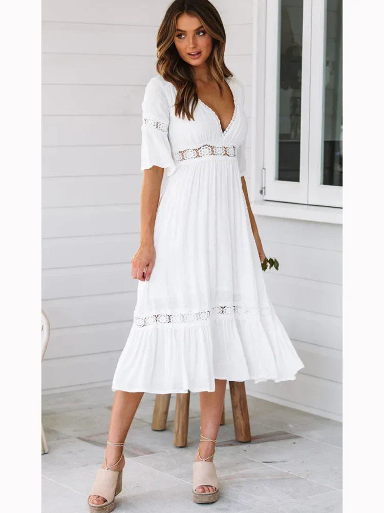 Deep V Neck Lace Insert Bell Sleeve Tiered Ruffle Hem Midi Dress
